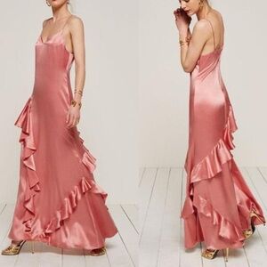 Reformation Satin Ruffle Slip Dress in Rose Pink in Size 4